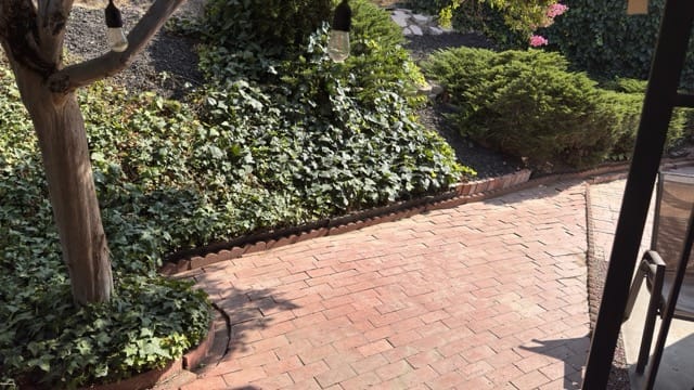 Raised brick patio area under the crape myrtle tree