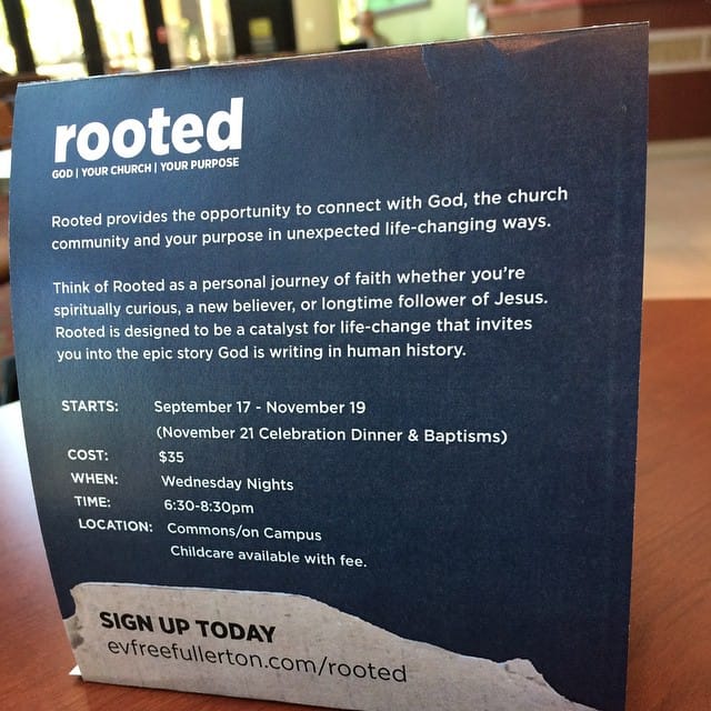 We launched "Rooted" at my work/church @evfreefullerton this last week. Good stuff coming from it. More here EvFreeFullerton.com/rooted/