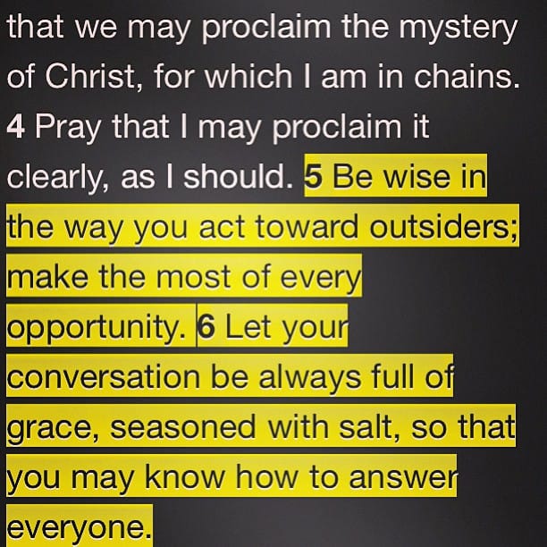 Be wise in the way you act toward outsiders; make the most of every opportunity. Let your conversation be always full of grace, seasoned with salt, so Post image