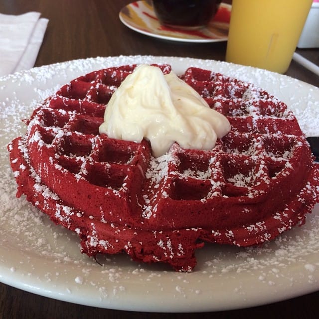 Waiting for my car to be done at the stereo shop, epic waffle, must being the family here one morning #food #breakfast #velvet #waffle Post image