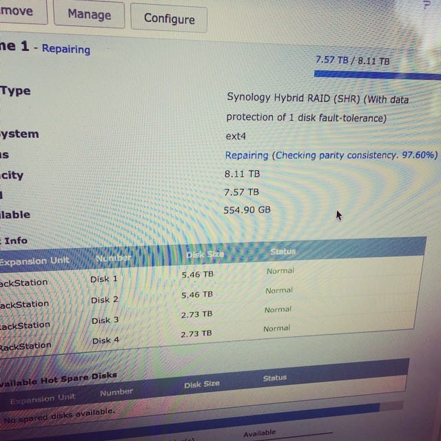 Swapped out a 3tb drive for a 6tb, the Synology has been repairing for the last 10 hours and it's almost done. Should end up with 12TB of space once i Post image