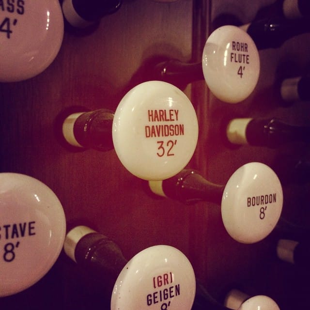 The controls of a Wicks #pipeorgan with a pull labeled #harleydavidson that's pretty awesome. #church #organ #piano #music Post image