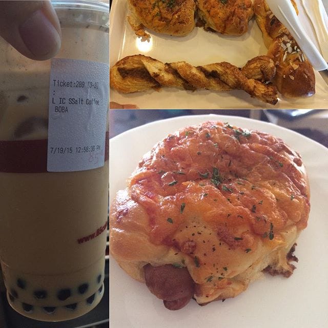 Sea Salt Iced Coffee w/ Boba and this Pigs in a blanket w/ BBQ sauce thing is an interest combo anyhow ;) Post image