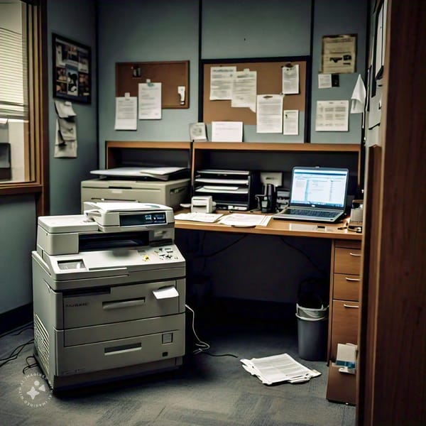 An AI generated image of a copy machine scanner being used to scan documents onto the computer in a small office.